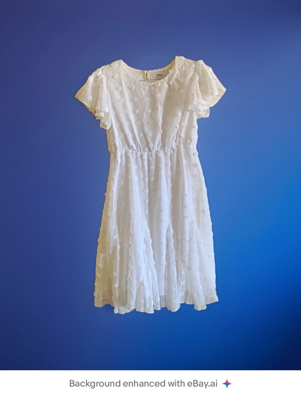 New - Arshiner Girls White Chiffon Textured A-Line Flutter Sleeve Dress